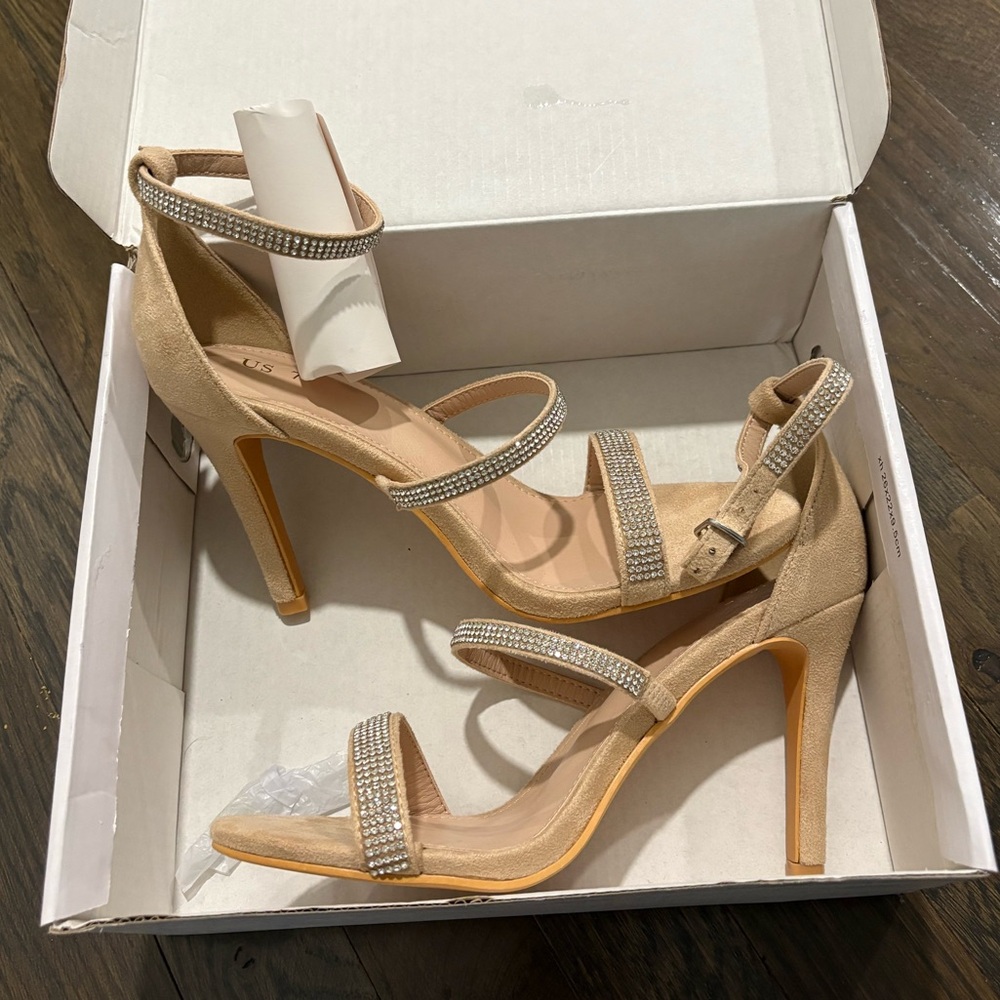 Tan nude Stiletto Heels with rhinestones and elegant Ankle Strap Formal Wedding